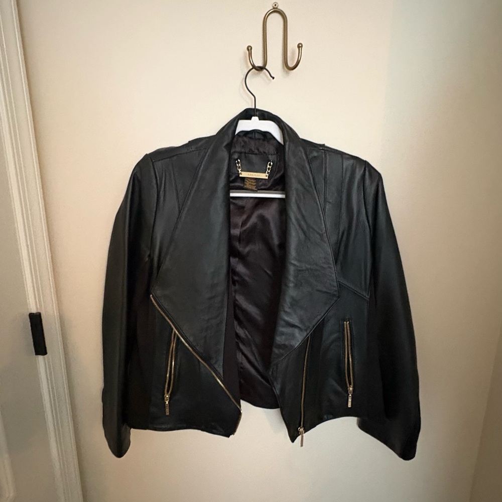IMAN Black Leather Jacket with Gold Accents